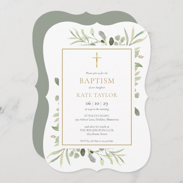 Elegant Greenery Baptism Christening Invitation (Front/Back)