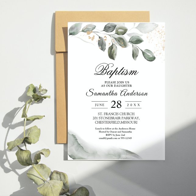 Elegant Greenery Baptism Invitation | Eucalyptus  (Creator Uploaded)