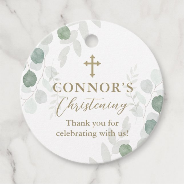 Elegant Greenery Baptism or Christening Favour Tag (Front)