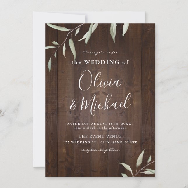 Elegant greenery barn wood county rustic wedding invitation (Front)