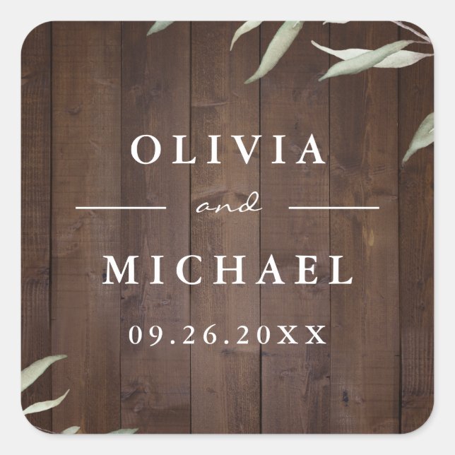 Elegant greenery barn wood county rustic wedding square sticker (Front)
