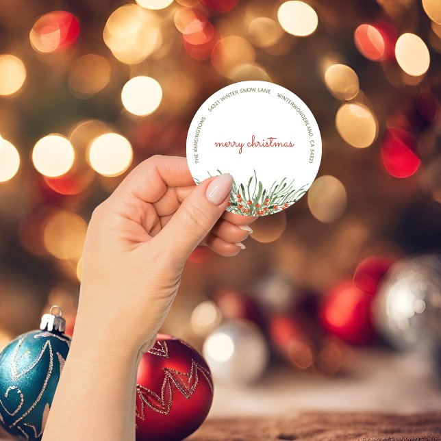 Elegant Greenery Berries Merry Christmas Classic Round Sticker (Elegant Greenery Berries Merry Christmas Classic Round Sticker)