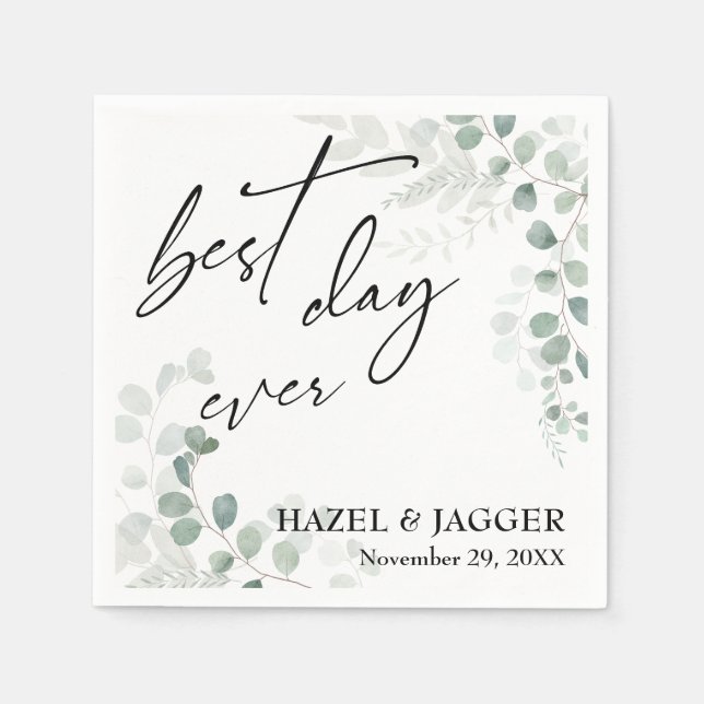 Elegant Greenery Best Day Ever Wedding Napkin (Front)