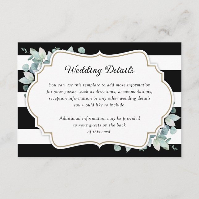 Elegant Greenery Black and White Wedding Details Enclosure Card (Front)