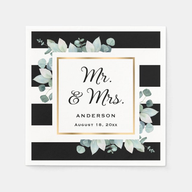 Elegant Greenery Black and White Wedding Napkin (Front)