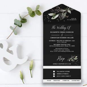 Elegant Greenery  Black Botanical Wedding  All In  All In One Invitation