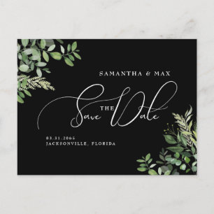Elegant Greenery Black Photo Save the Date Announcement Postcard