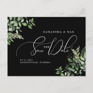 Elegant Greenery Black Photo Save the Date Postcard