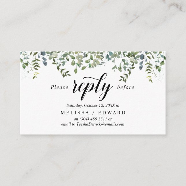 Elegant Greenery, Black, RSVP respond, Reply Enclosure Card (Front)