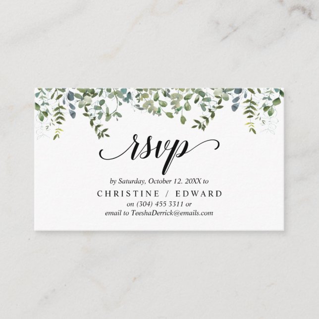 Elegant Greenery, Black Script, RSVP respond Enclosure Card (Front)