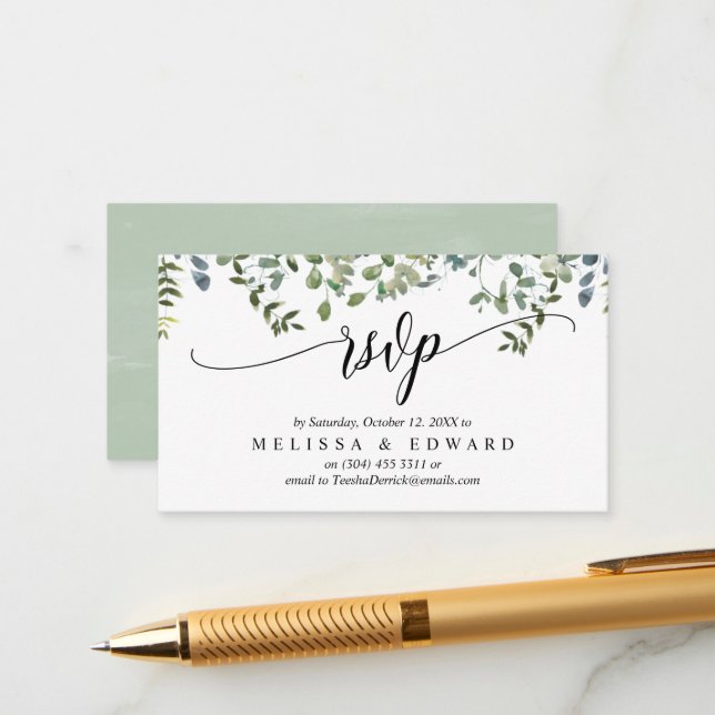 Elegant Greenery, Black Script, RSVP respond Enclosure Card (Front/Back In Situ)
