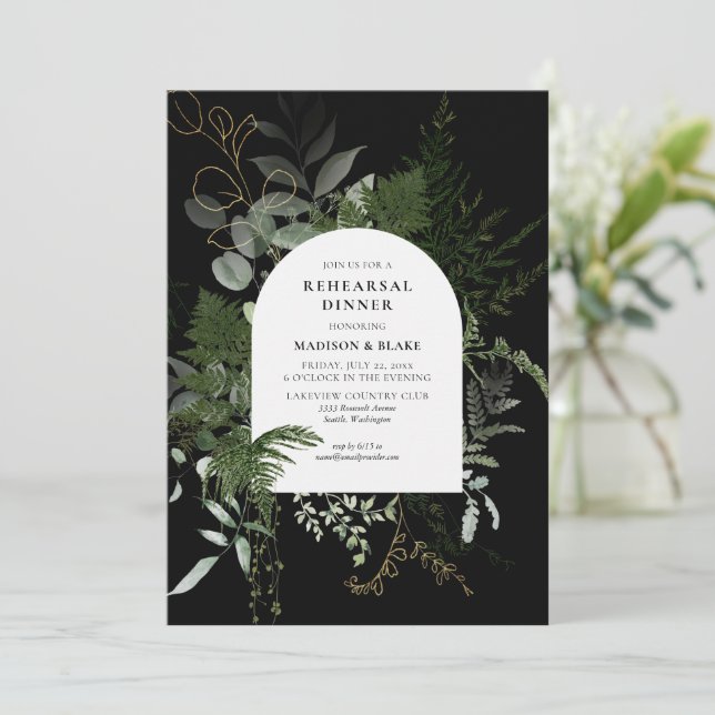 Elegant Greenery Black Wedding Rehearsal Dinner Invitation (Standing Front)