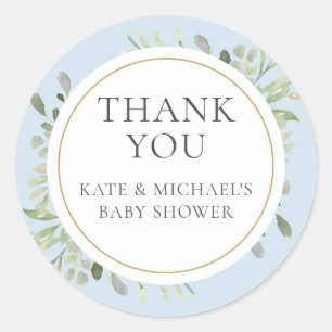 Elegant Greenery Blue Baby Boy Shower Thank You Classic Round Sticker