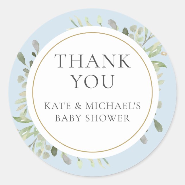 Elegant Greenery Blue Baby Boy Shower Thank You Classic Round Sticker (Front)