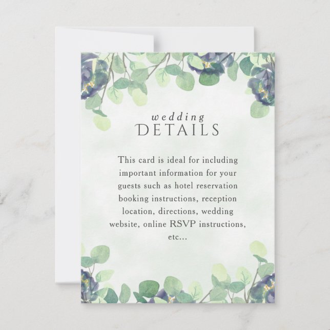 Elegant Greenery Blue Floral Wedding Details Card (Front)