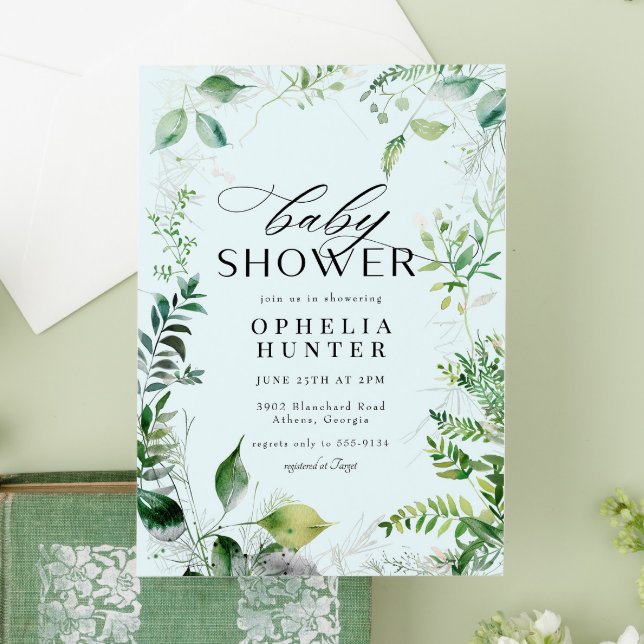 Elegant Greenery Blue Sky Leafy Baby Shower Invitation (Creator Uploaded)