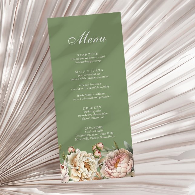 Elegant Greenery Blush Pink Peonies Menu Card (Elegant Greenery Blush Pink Peonies Menu Card on a sunny white dry palm leaf.)