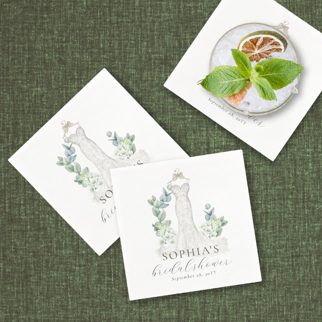 Elegant Greenery  Boho Script Paper Napkin (These elegant bridal shower napkins feature an exquisite drawing of a wedding gown)