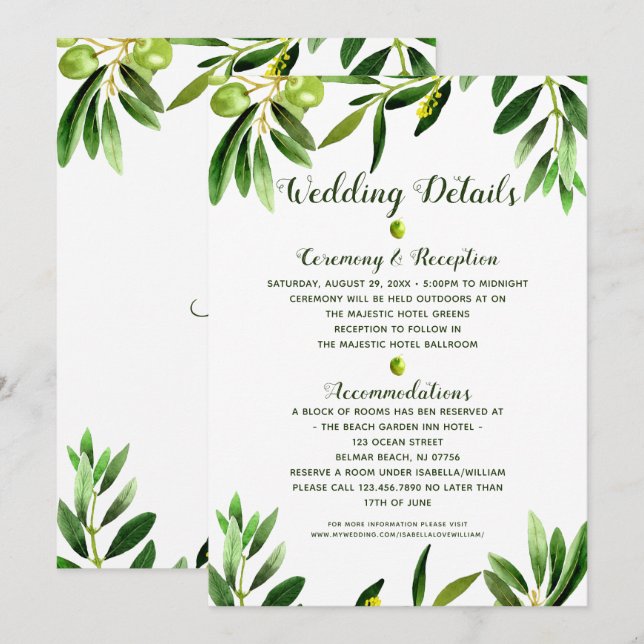 Elegant Greenery Boho Summer Wedding Details Card (Front/Back)