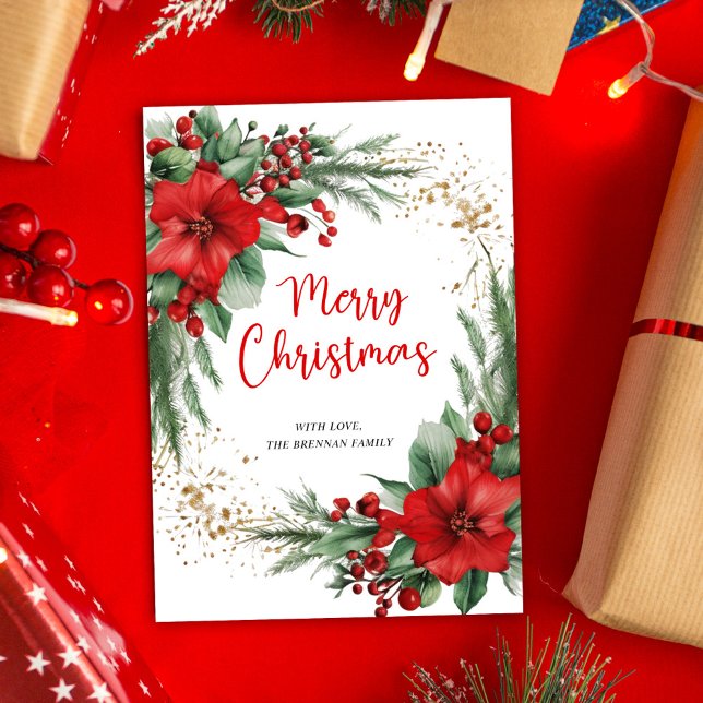Elegant Greenery Botanical Merry Christmas Holiday Card (Red Botanical Merry Christmas Holiday Card)