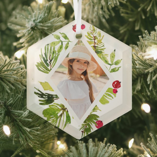 Elegant Greenery Botanical Photo Holiday Glass Tree Decoration (Insitu)