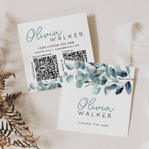 Elegant Greenery Botanical Script Name 2 QR Code Square Business Card