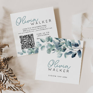 Elegant Greenery Botanical Script Name QR Code Square Business Card