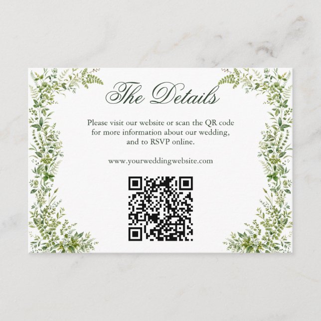 Elegant Greenery Botanical Wedding Website QR Code Enclosure Card (Front)