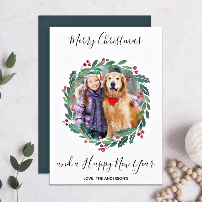 Elegant Greenery Botanical Wreath Christmas Photo  Holiday Card (Creator Uploaded)