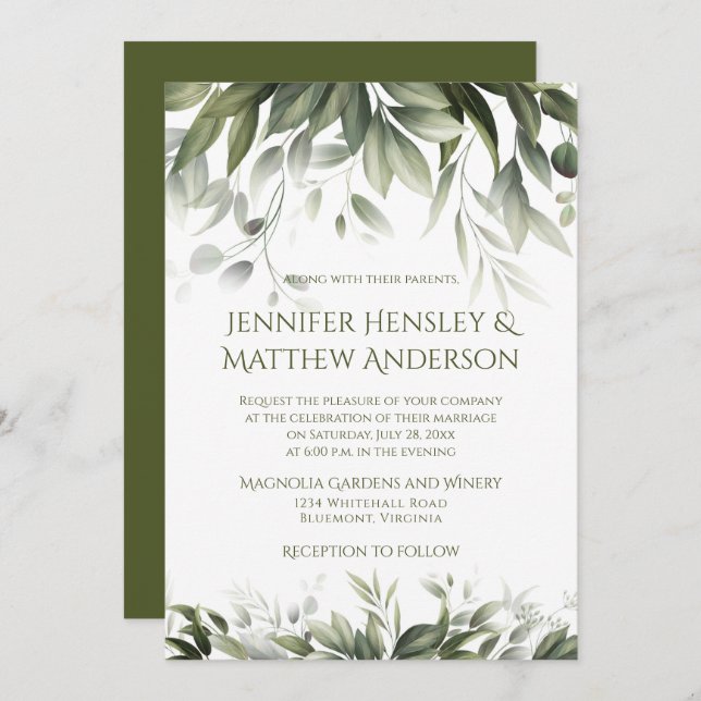 Elegant Greenery Botanicals - Olive Green  Invitation (Front/Back)