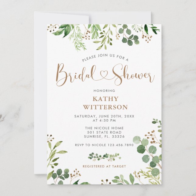 Elegant Greenery Bridal Shower Invitation (Front)