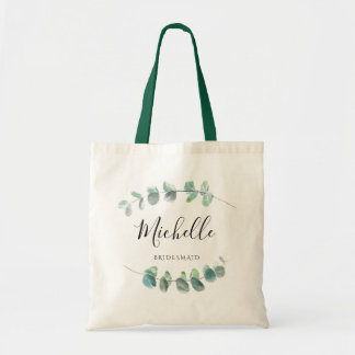 Elegant Greenery Bridesmade Eucalyptus Leaf Name  Tote Bag