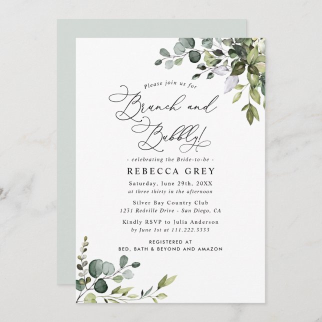 Elegant Greenery Brunch & Bubbly Bridal Shower Invitation (Front/Back)
