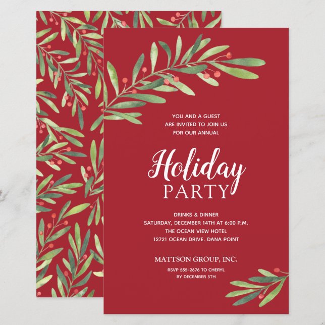 Elegant Greenery Budget Red Holiday Invitations (Front/Back)