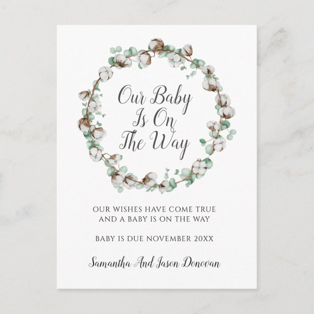 Elegant Greenery Buds Watercolor Floral Pregnancy  Announcement Postcard (Front)