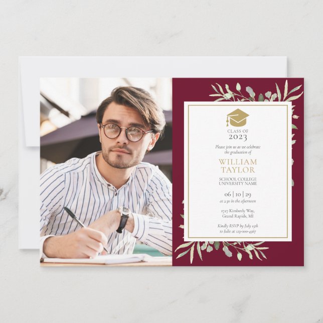 Elegant Greenery Burgundy Graduation Party Photo Invitation (Front)
