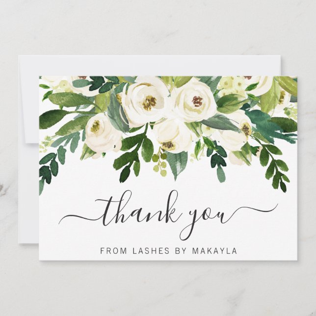 Elegant Greenery Business White Floral Thank You Card (Front)