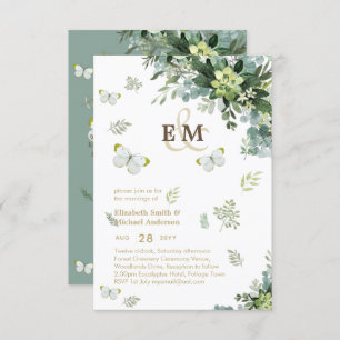 Elegant Greenery Butterflies Monogram Wedding Inv