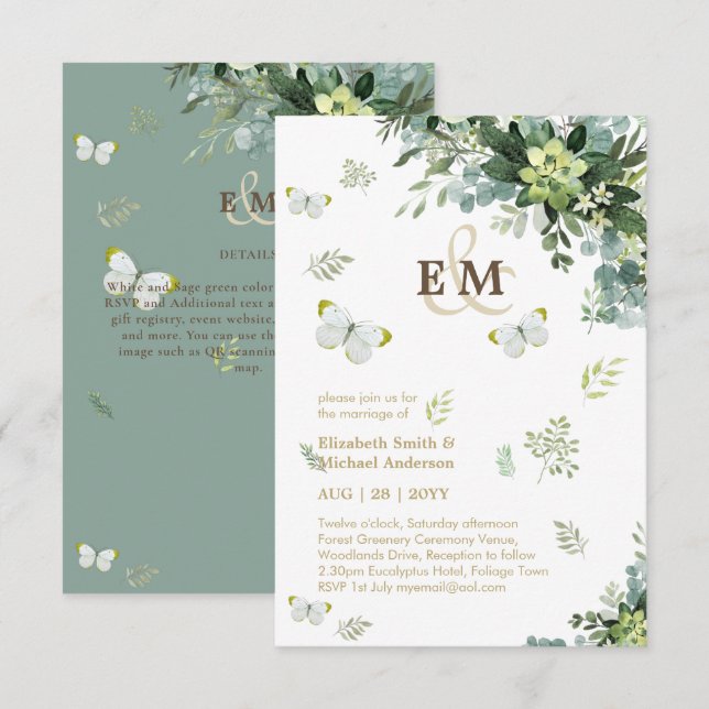 Elegant Greenery Butterflies Monogram Wedding Inv (Front/Back)