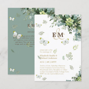 Elegant Greenery Butterflies Monogram Wedding Inv
