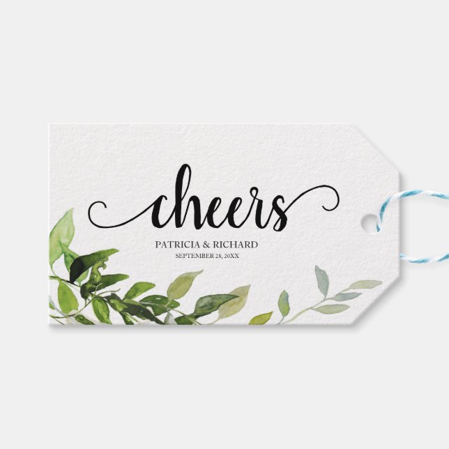 Elegant Greenery  Cheers Wine Bottle Tags (Front (Horizontal))