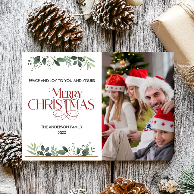 Elegant Greenery Christmas Family Photo Simple Holiday Card (Creator Uploaded)