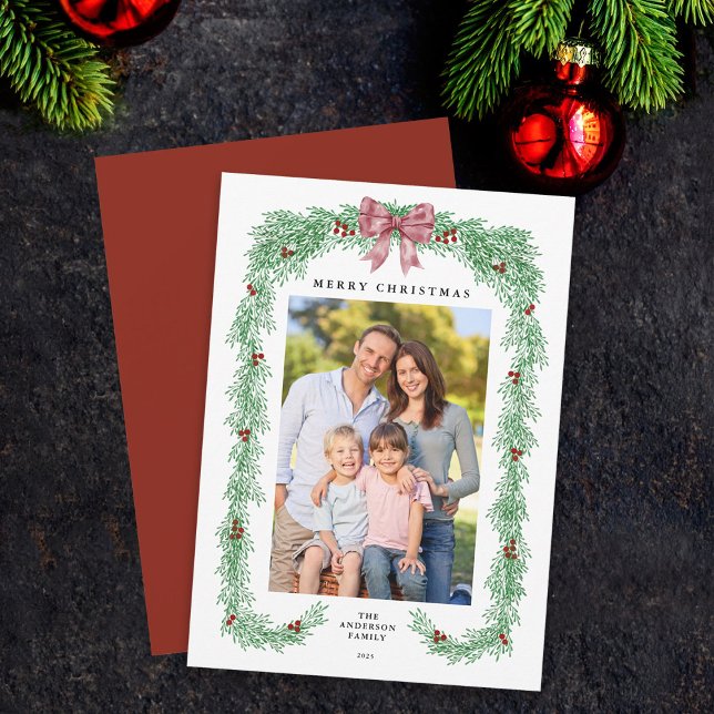 Elegant Greenery Christmas Garland Bow Photo Holiday Card (Creator Uploaded)
