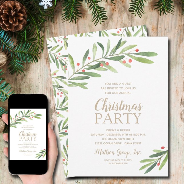 Elegant Greenery Christmas Party Invitation (Elegant Greenery Christmas Holiday Invitations - INSTANT DOWNLOAD and/or PRINTED)