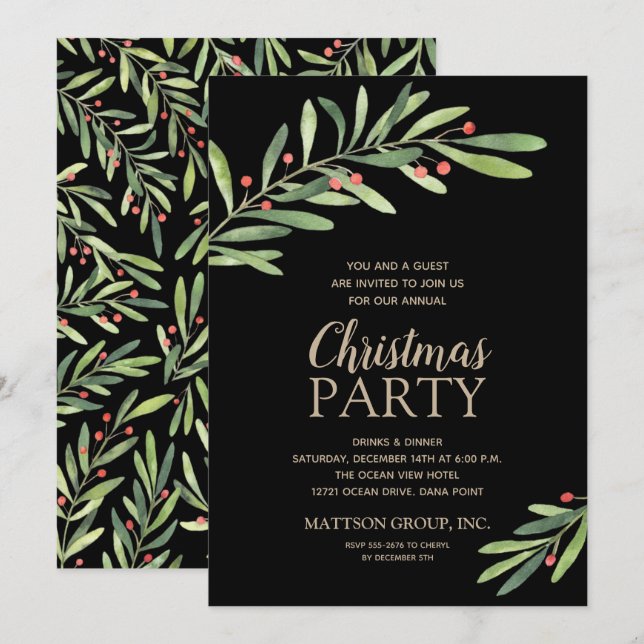 Elegant Greenery Christmas Party Invitations (Front/Back)