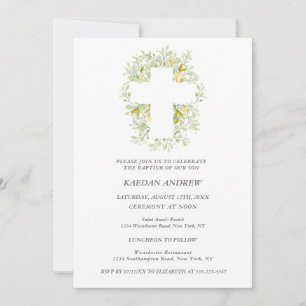 Elegant Greenery Cream Floral Baptism Invitation