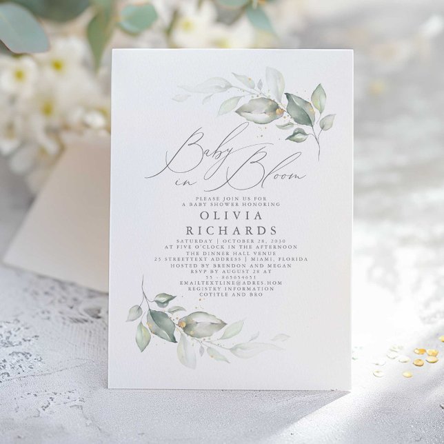 Elegant Greenery Cute Baby in Bloom Baby Shower Invitation (Greenery and Gold Baby Shower Invitation)
