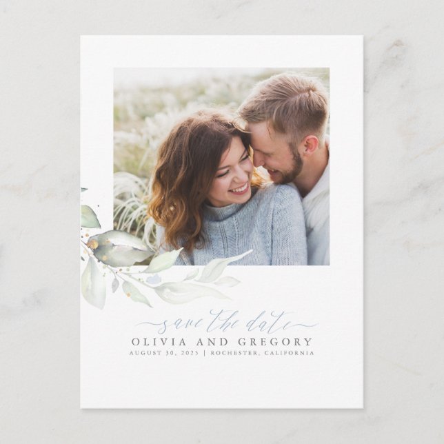 Elegant Greenery Dusty Blue Save the Date Photo Announcement Postcard (Front)