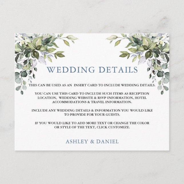 Elegant Greenery Dusty Blue Wedding Details Card (Front)