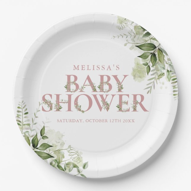 Elegant Greenery Dusty Rose Girl Baby Shower Paper Plate (Front)